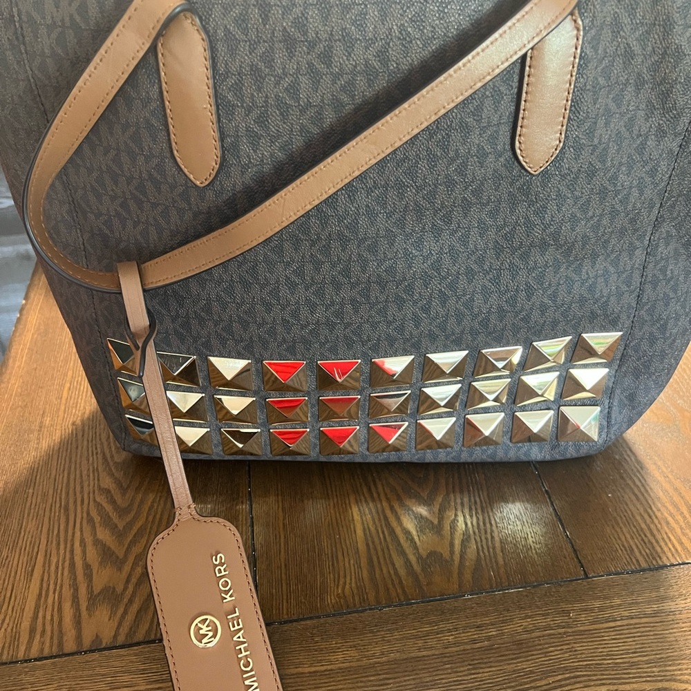 Michael Kors Black and Tan  & gold Tote with Stud Accents beautiful bag holidays